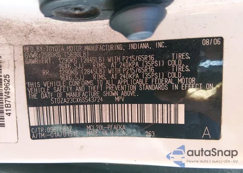 2006 Toyota Sienna Ce z USA, uszkodzony, nr VIN 5TDZA23CX6S543724